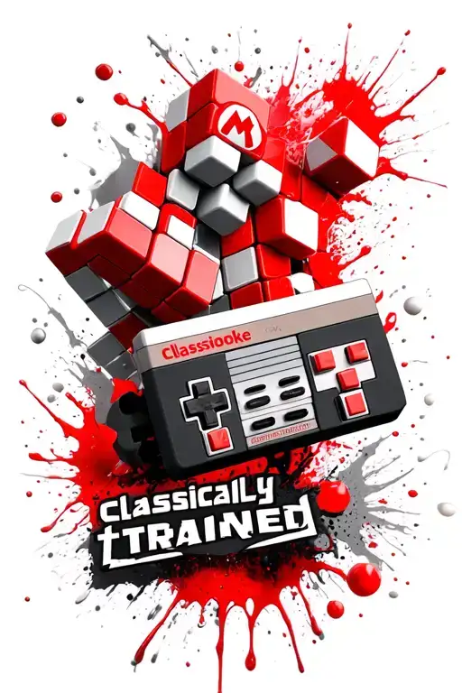 3d falling tetris pieces with mario symbols and nes controller. words "classically trained" tattoo design idea