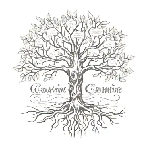 A sketch style tattoo of a family tree with roots intertwining to form the word 'cousin' tattoo design idea