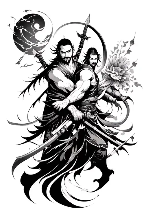 A neo-traditional Japanese-style tattoo featuring two mystical warriors inspired by opposing forces. On one side, a man  tattoo design idea