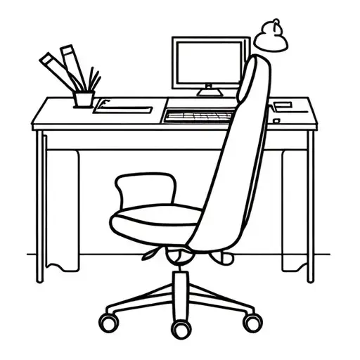 monoline home office icon, stylized desk and chair silhouette, geometric clean lines, black on white tattoo design idea