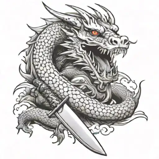 Japanese dragon wrapped around a chef's knife tattoo design idea