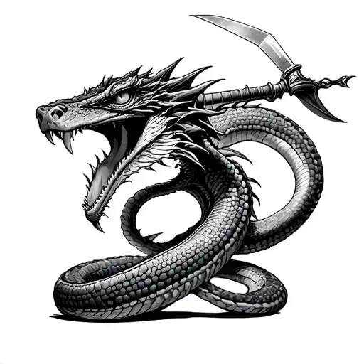  basilisk type snake with a Dagger going through the top of its head with its mouth open in pain,Traditional black & whi tattoo design idea