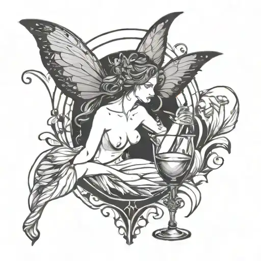 naked fairy with wings in a glass of wine tattoo design idea