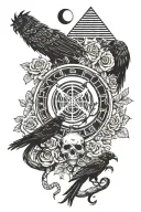 tree,roses,pyramid,waterfall,moon,yinyang,crow,dragons,snakes,wales,skull,wheelchair,eyeball tattoo design idea