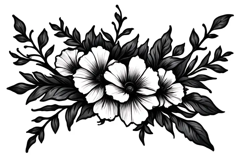 Tattoo sketch, on the collarbone, black and white, flowers, stems, curls, symmetrical, thin contour tattoo design idea
