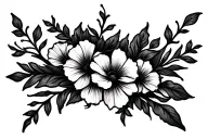 Tattoo sketch, on the collarbone, black and white, flowers, stems, curls, symmetrical, thin contour tattoo design idea