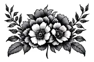 Tattoo sketch, on the collarbone, black and white, flowers, stems, curls, symmetrical, thin contour tattoo design idea