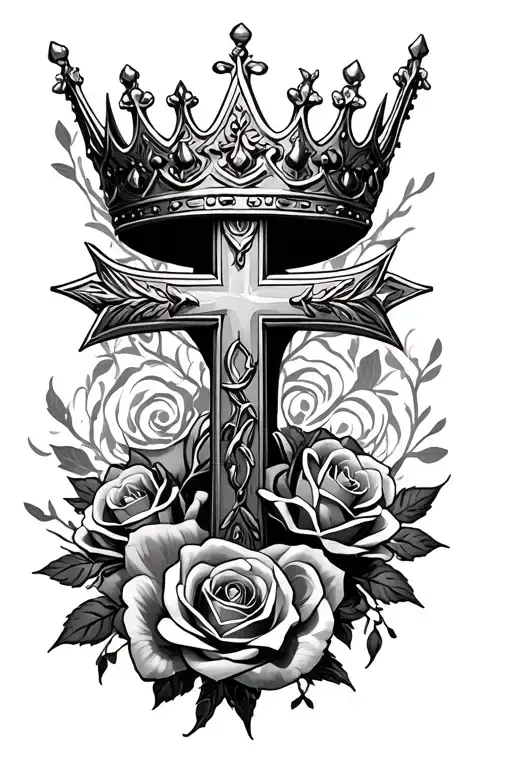 cross with a crown ontop of it with roses intertwined tattoo design idea