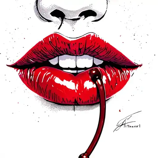 red lips seductivly bitting whole cherry tattoo design idea
