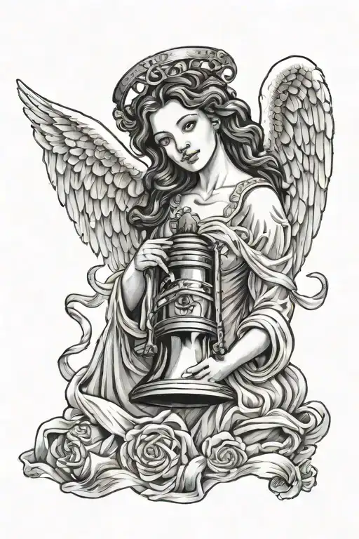adult woman angel holding liberty bell like its a baby tattoo design idea