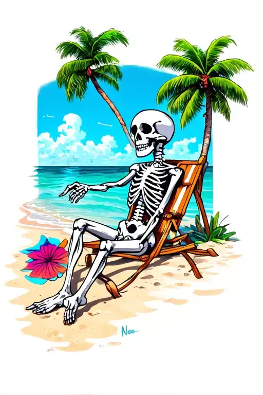 A skeleton enjoying a day at the beach with Miami Vice inspired colors tattoo design idea