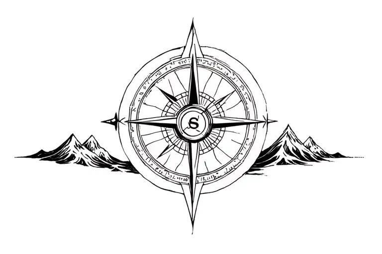 large compass surrounded by intricate geometric mountains and waves, black and white tattoo design idea