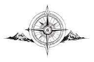 large compass surrounded by intricate geometric mountains and waves, black and white tattoo design idea