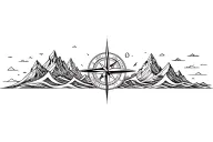 large compass surrounded by intricate geometric mountains and waves, black and white tattoo design idea