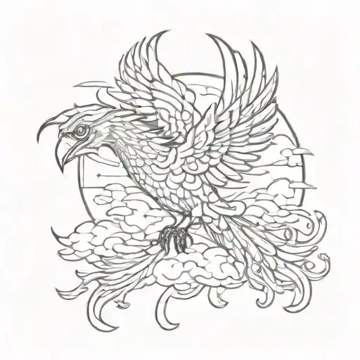 Phoenix bird representing rebirth, a new future with clouds surrounding tattoo design idea