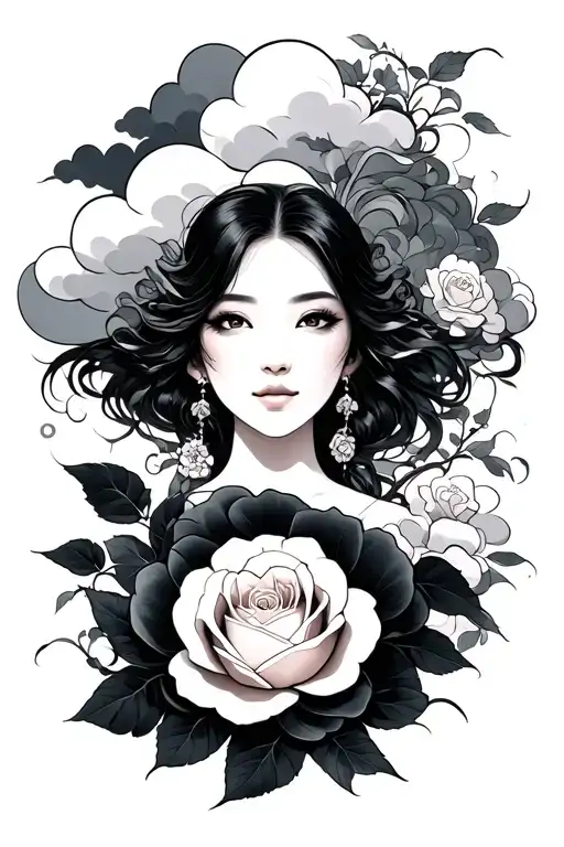 japanese cloud and rose tattoo design idea