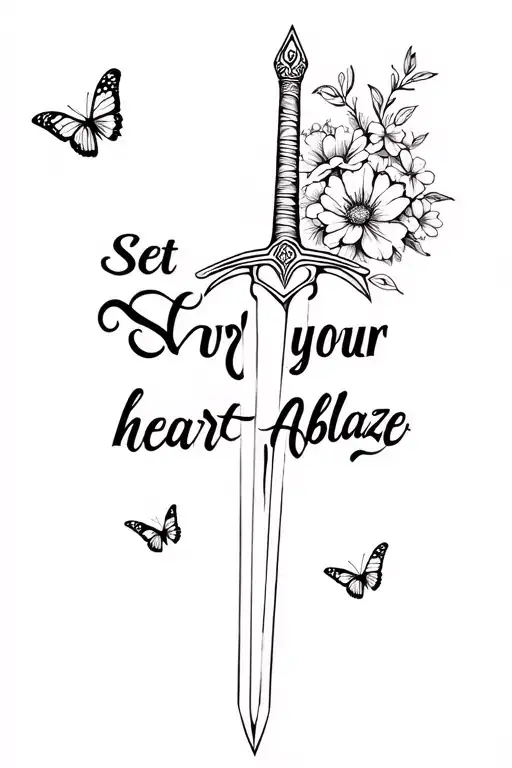 "Set your heart ablaze" sword with flowers and butterflies surrounding tattoo design idea