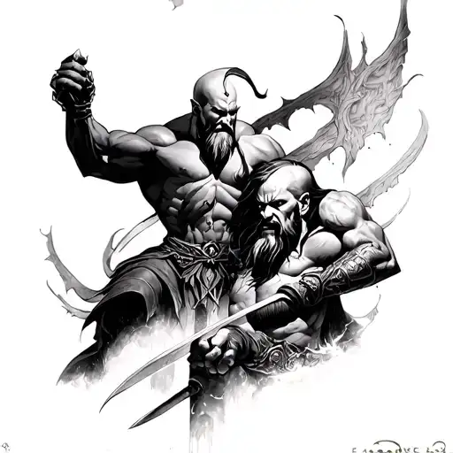 kratos and mimir god of war tattoo design idea