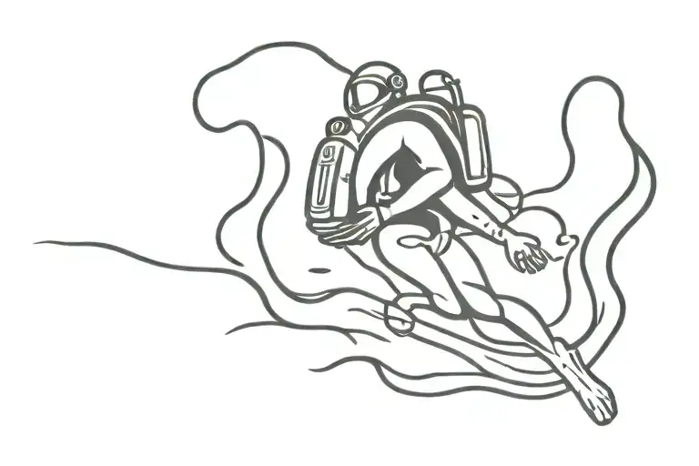 only male scuba diver swimming horizontally to the ocean bottom, small tanks and large fins elongated legs behind tattoo design idea