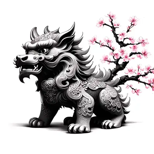 Chinese foo dog pagoda temple with cherry blossoms  tattoo design idea