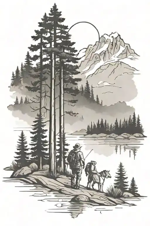design me a large tattoo for a dad that loves outdoors and hiking. I would like a silhouette of a dad with four children tattoo design idea