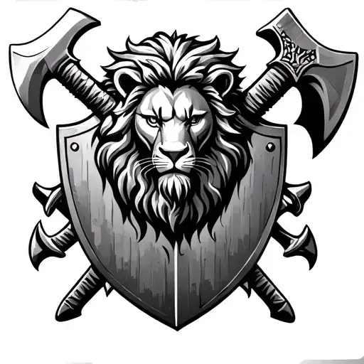 lion on a shield with crossed axe and sword tattoo design idea