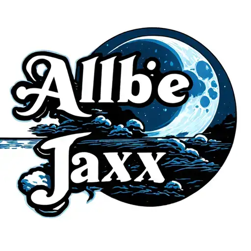 the name Albie Jaxx with a blue moon and clouds  tattoo design idea