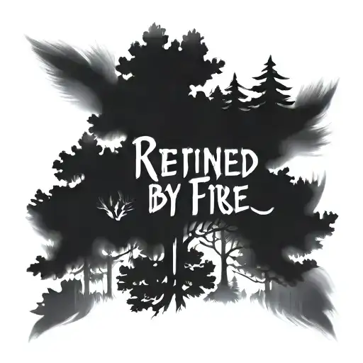 Wildfire burning trees with the words "Refined by fire - October 5, 2024" tattoo design idea