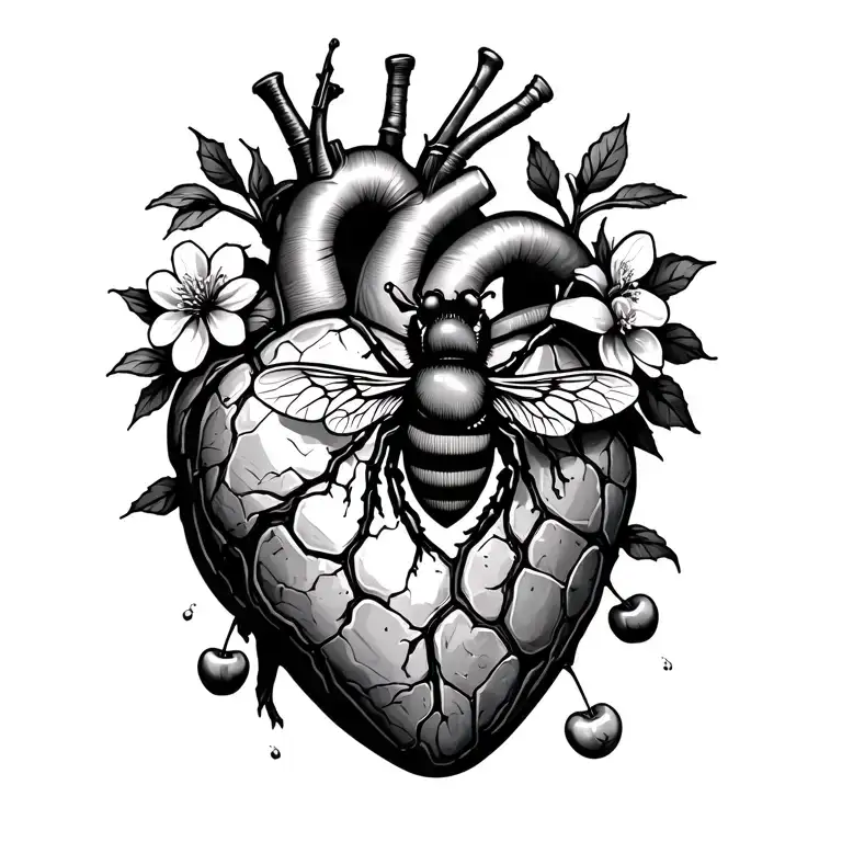 broken anatomical heart made of stone, honey bee with honey comb, cherry blossoms  tattoo design idea