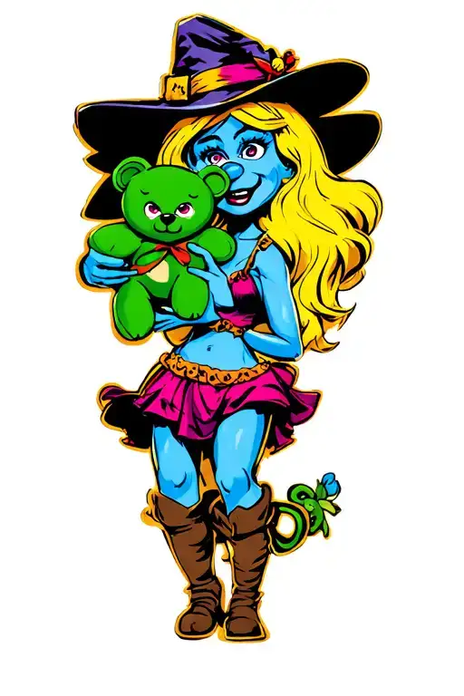 smurfette witch holding a evil green teddy bear in her hand  tattoo design idea