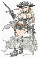 Sexy pirate girl, Gigantic Boobs, cleavage, torn clothing, skin tight pants, boots, wide hips, petite, big booty. tattoo design idea