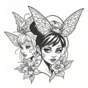 tinkerbell with multiple personality masks emerging tattoo design idea