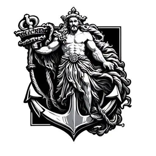 king neptune standing on anchor surrounded tattoo design idea
