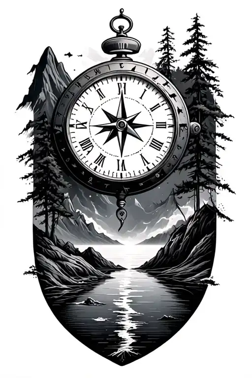 clock, compass, ocean, river mountains and river tattoo design idea