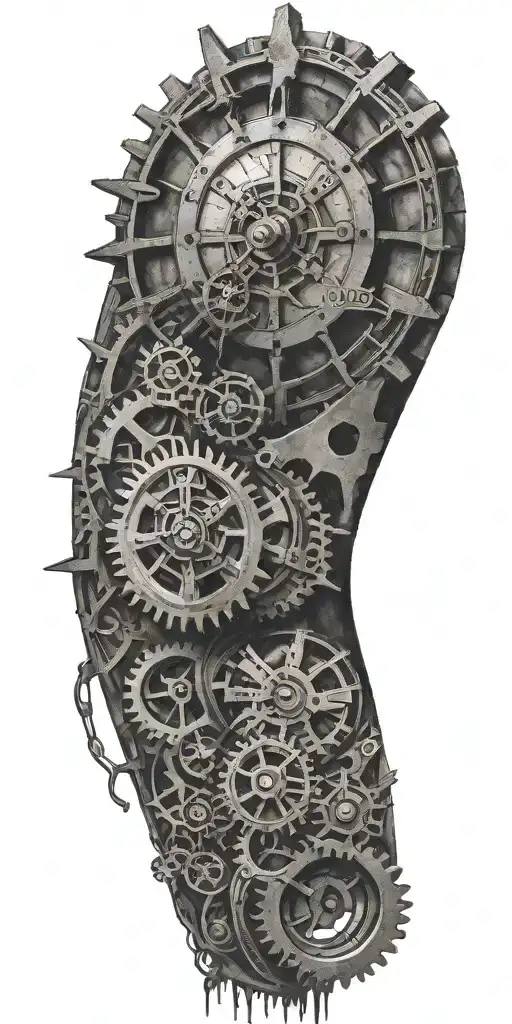 9/8/24, clock gears, sun setting, concrete wall broken tattoo design idea