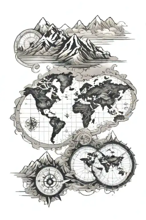 world map, compass, mountains panorama tattoo design idea