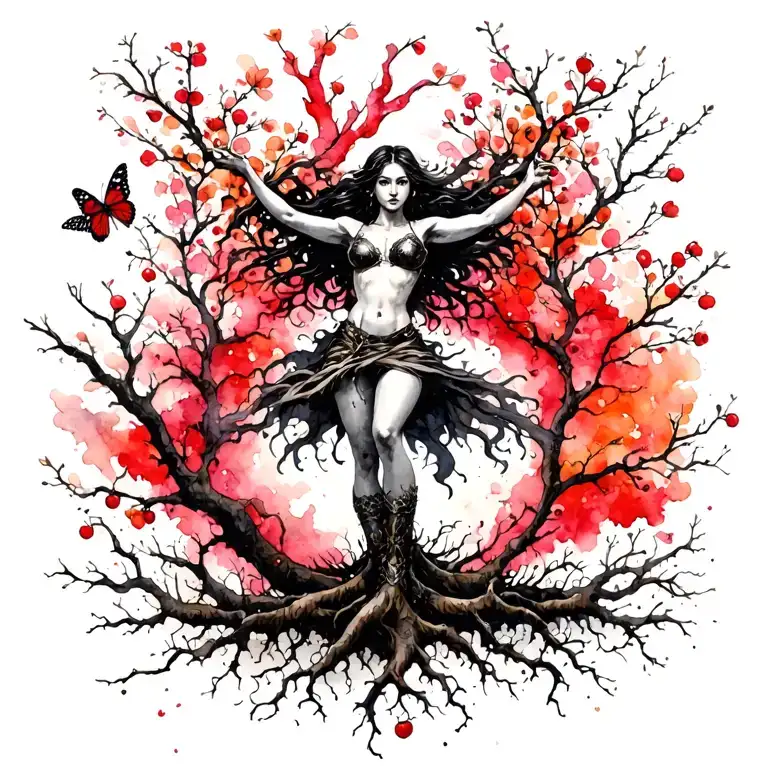 woman warrior with legs turning to roots reaching deep arms up turning to branches with small cherry flowers and butterf tattoo design idea