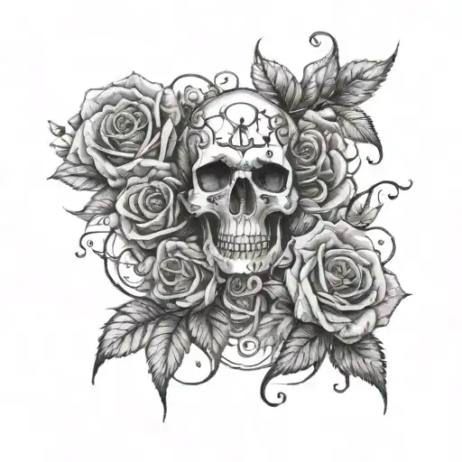 Full emo arm sleeve tattoo with skulls and roses growing tattoo design idea
