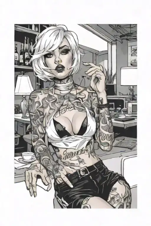 Sexy girl, Huge cleavage, petite, torn clothing, short white bob hairstyle, smoking a cigarette in mouth, thick thighs tattoo design idea
