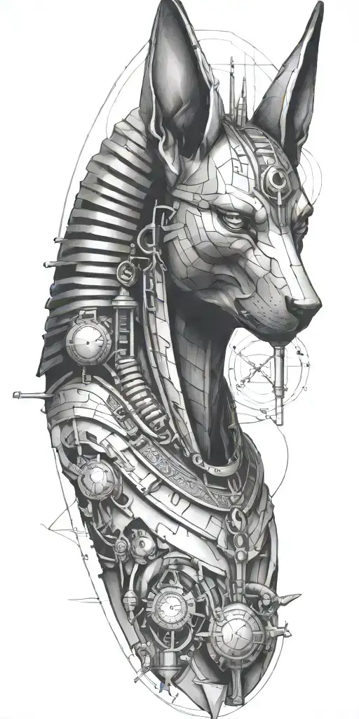An abstract design combining the Egyptian god Anubis with scientific equipment like microscopes and telescopes tattoo design idea