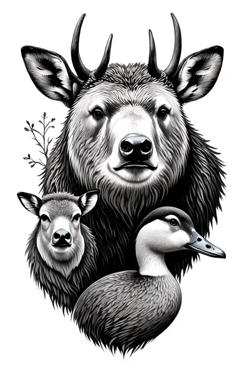 the face of a deer a bear and a duck one nect to each other in a micro realistic and thin lines style tattoo design idea