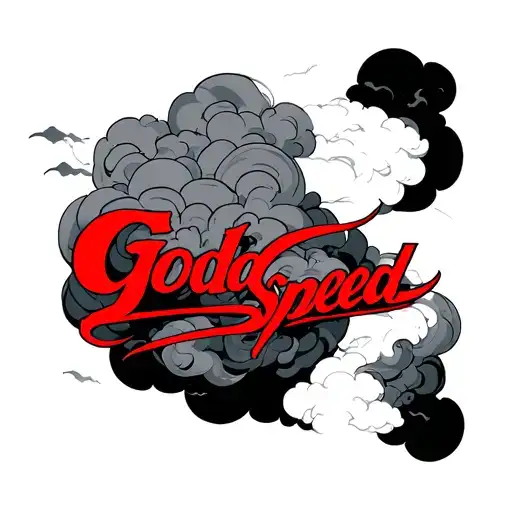 "godspeed" in red with clouds surrounding tattoo design idea