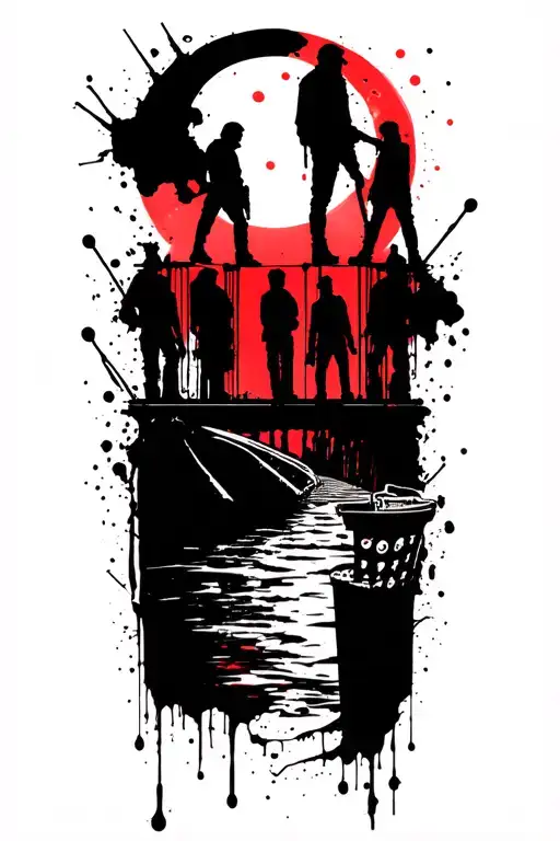 Tattoo of a Collage of silhouettes from the moon or sunLost boys hanging from the bridge Star wars Luke looking at th tattoo design idea