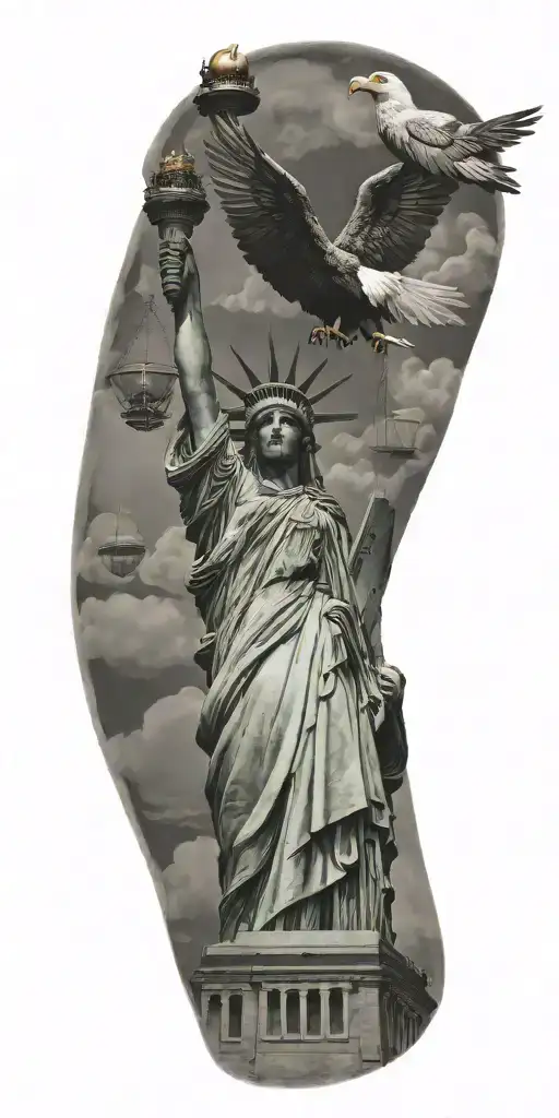Statue of Liberty with liberty bell and eagle tattoo design idea