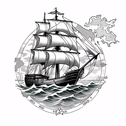  Rose's ship sailing through a sea compas map outline tattoo design idea
