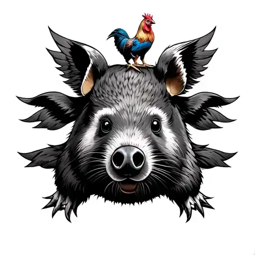 TOTEM WITH WOMBAT ON TOP, THEN RAVEN, ROOSTER, PIG, AND RACCOON tattoo design idea