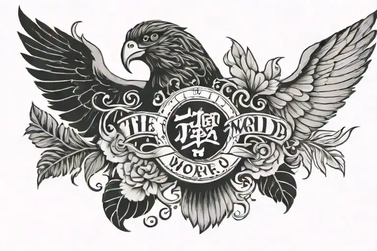 Full big Chest tattoo with a dangerous looking bird on the right shoulder, a slogan that says “the world is yours”, palm tattoo design idea