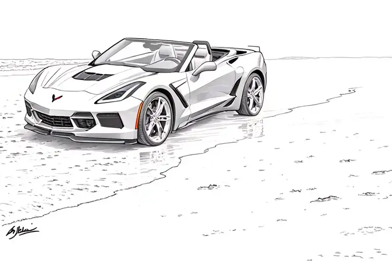 silver corvette c7 convertible driving on beach tattoo design idea
