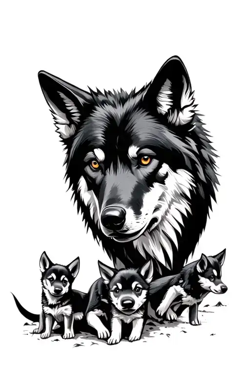 black alpha wolf head protecting pups playing near by tattoo design idea
