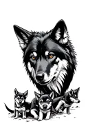 black alpha wolf head protecting pups playing near by tattoo design idea